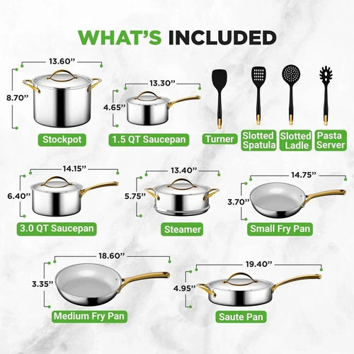 16 Pcs. Kitchenware Pots & Pans Set-Clad Kitchen Cookware, Non-stic